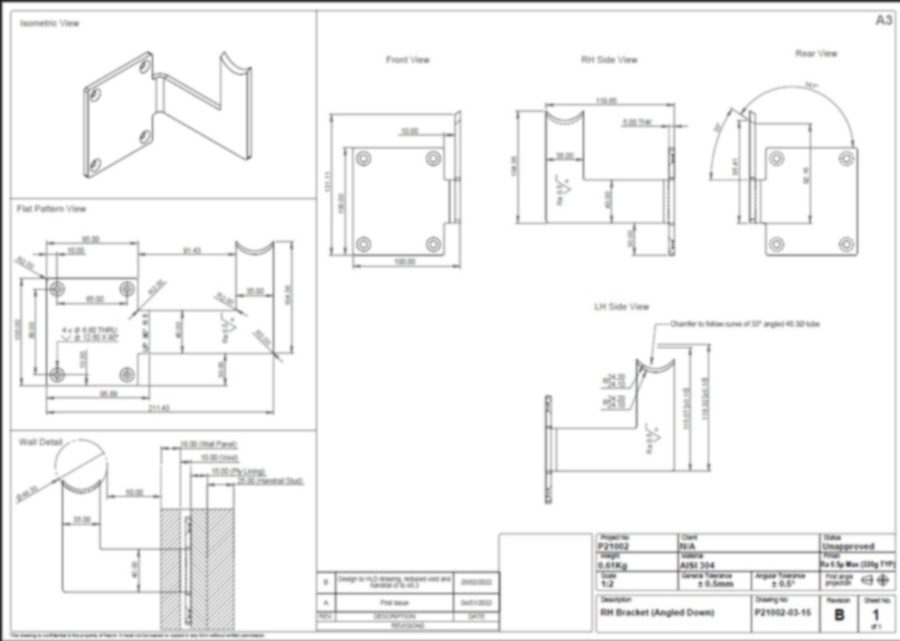 Handrail bracket, sheet metal drawing with flat pattern