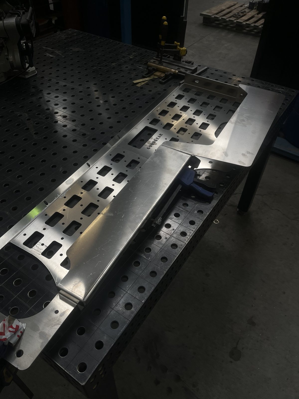 Ford Ranger storage rack prototype on the workshop table